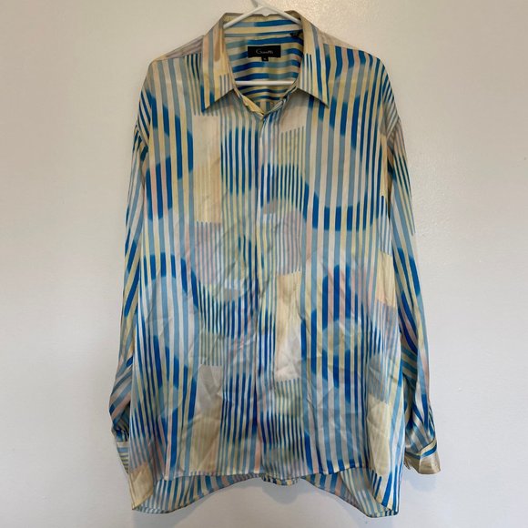 Vintage Genelli 100% Silk Modern Stripe Button Up Shirt Mens XL - Picture 1 of 11